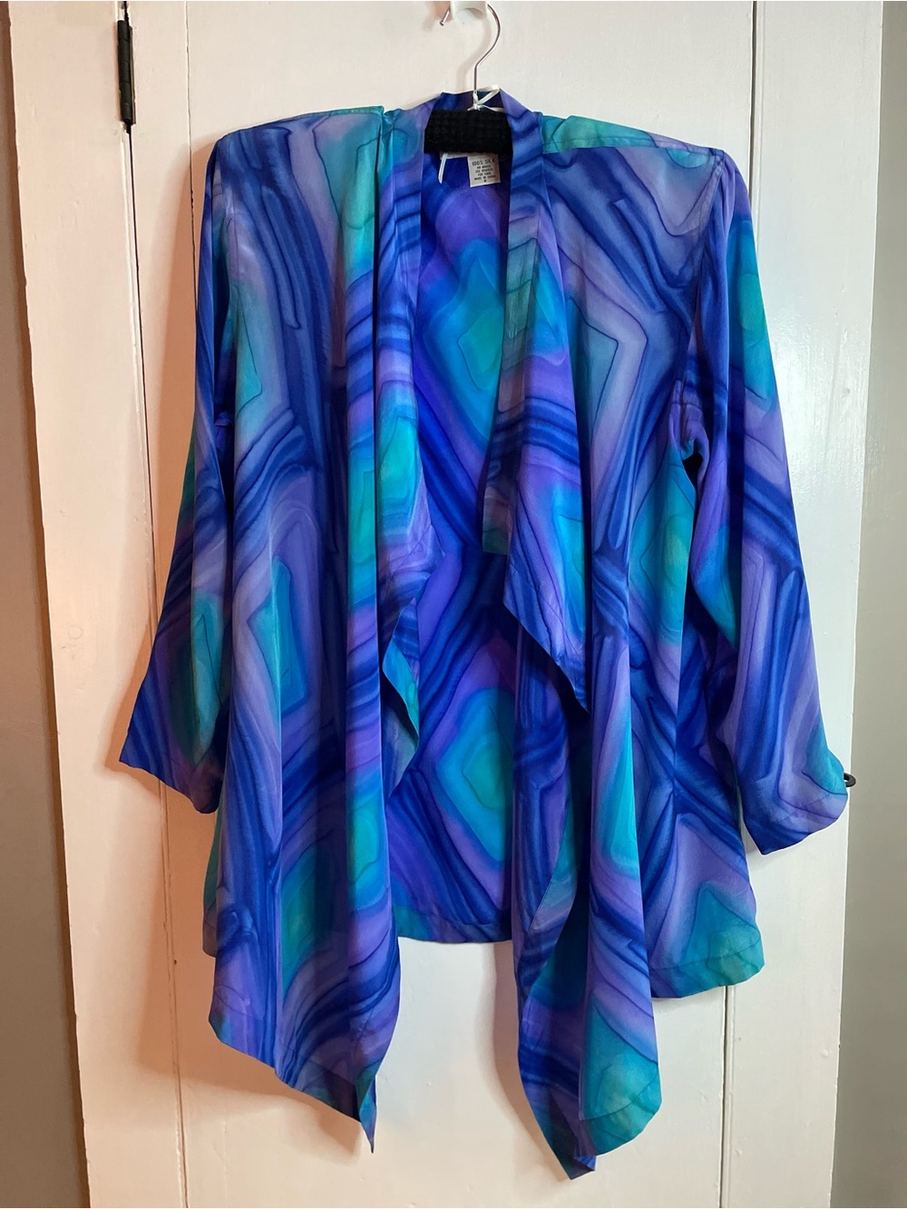 Vintage 100% SILK Vivid Blue & Teal Abstract Watercolor Drape Cardigan Size S